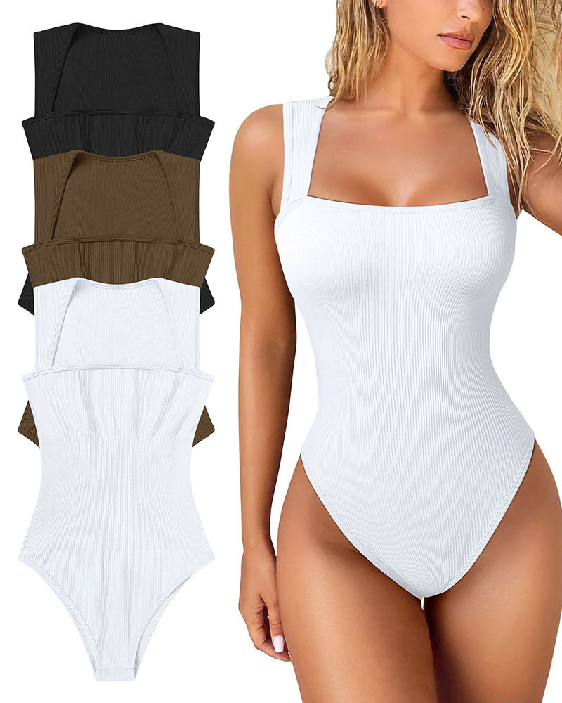 Seksikäs ribbed strappy neliön kaula hihaton vatsa valvonta Tank Topit Bodysuits🩱🩱