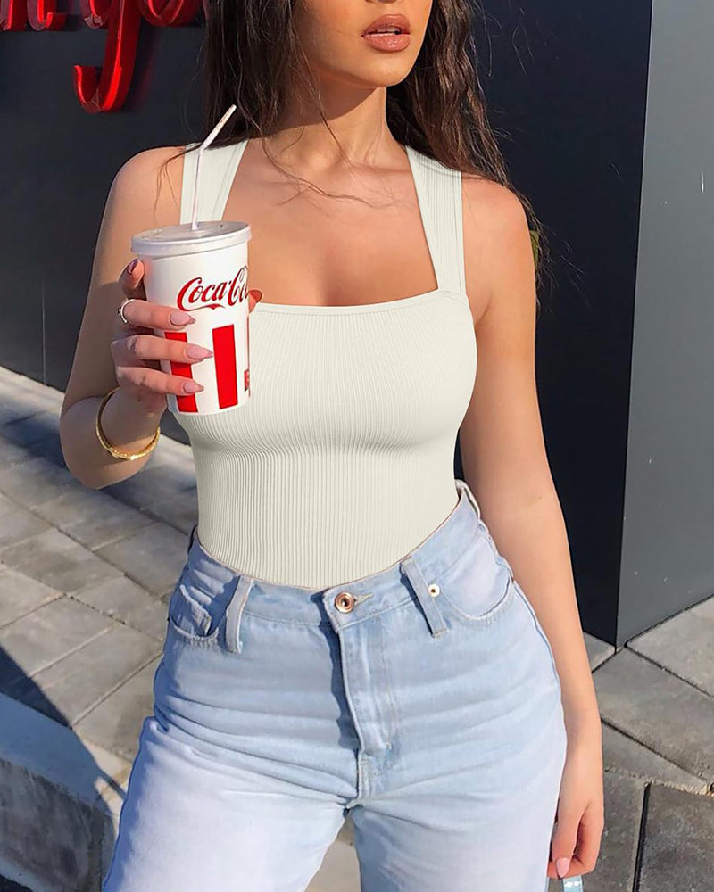 Seksikäs ribbed strappy neliön kaula hihaton vatsa valvonta Tank Topit Bodysuits🩱🩱