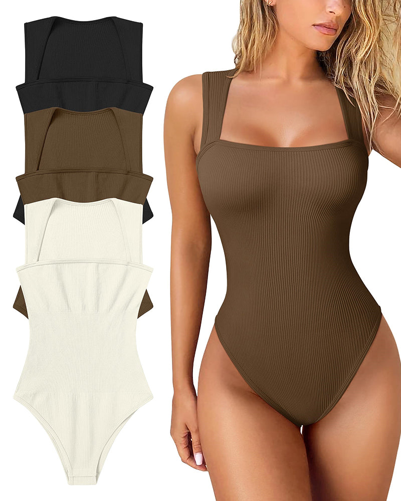 Seksikäs ribbed strappy neliön kaula hihaton vatsa valvonta Tank Topit Bodysuits🩱🩱
