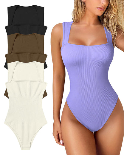 Seksikäs ribbed strappy neliön kaula hihaton vatsa valvonta Tank Topit Bodysuits🩱🩱