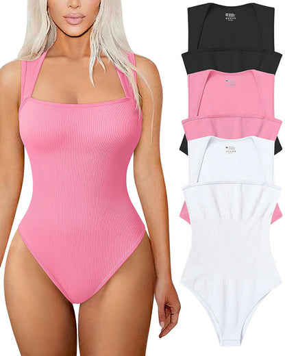 Seksikäs ribbed strappy neliön kaula hihaton vatsa valvonta Tank Topit Bodysuits🩱🩱