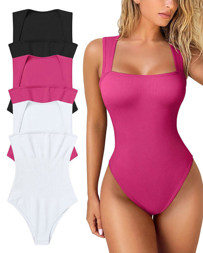 Seksikäs ribbed strappy neliön kaula hihaton vatsa valvonta Tank Topit Bodysuits🩱🩱