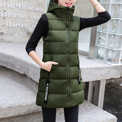 Women's Cotton-Padded Zipper Long Sleeveless Vest