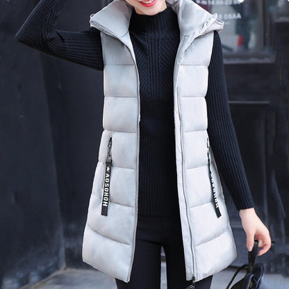 Women's Cotton-Padded Zipper Long Sleeveless Vest