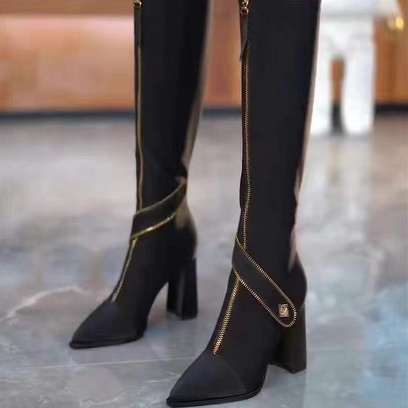 🔥🖤Musta perjantai Myynti:50% POIS🔥Teräväkärkinen kärki Chunky Heel Knee High Boots