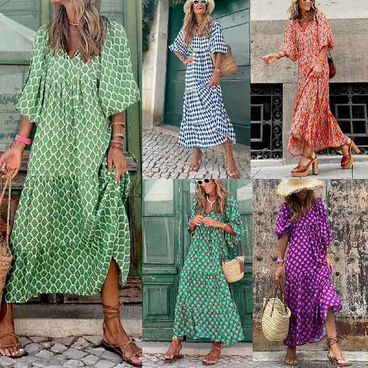 Naisten elegantti boho-mekko puhvihihoilla ja kukkaprintillä