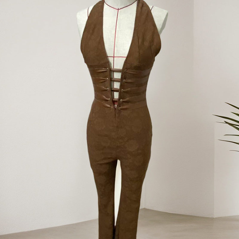Seksikäs hihaton bodycon haalari pitsillä ja V-kaula-aukko naisille