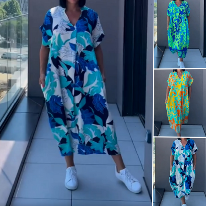 Naisten rento elegantti printtikuvioinen V-kaula-aukkoinen mekko