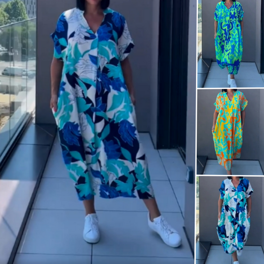 Naisten rento elegantti printtikuvioinen V-kaula-aukkoinen mekko