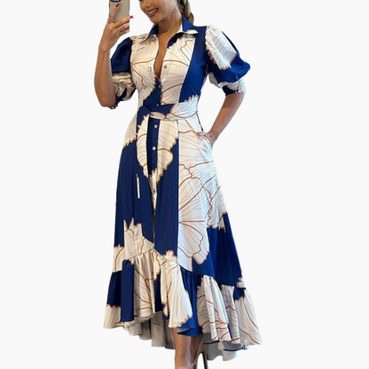 Naisten painettu mekko, jossa istuva vyötärö