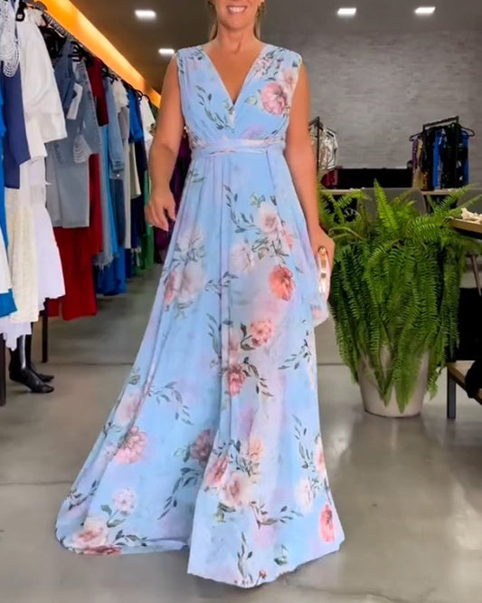 Elegantti kukkakuvioinen hihaton V-kaula-aukko mekko