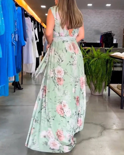 Elegantti kukkakuvioinen hihaton V-kaula-aukko mekko