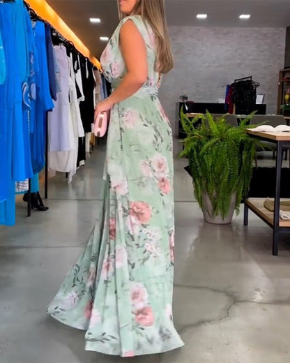 Elegantti kukkakuvioinen hihaton V-kaula-aukko mekko
