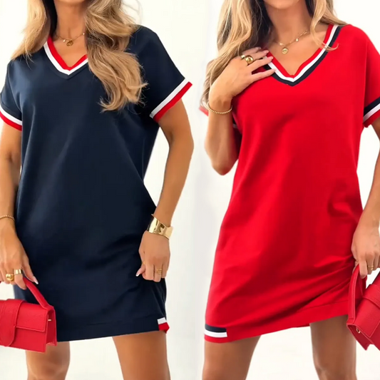 V-Kaula-Aukkoinen Midipituinen Mekko Väriblokki Kuviolla – Retro Vibat, Moderni Mukavuus