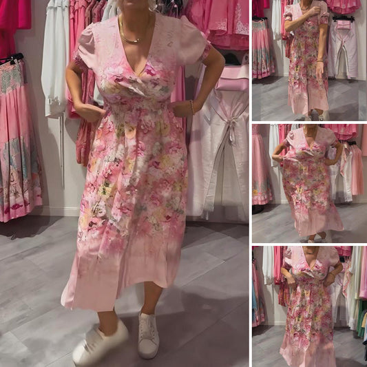 Naisten elegantti pitkä kukkakuosinen V-pääntiemekko