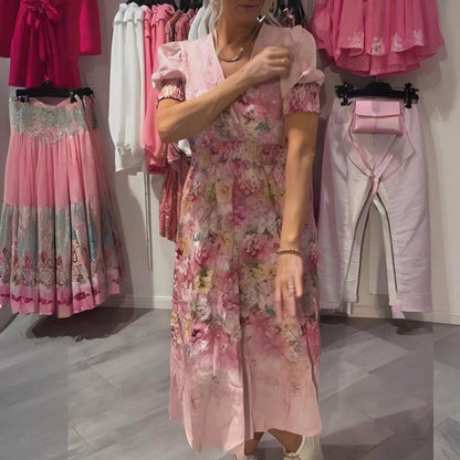 Naisten elegantti pitkä kukkakuosinen V-pääntiemekko