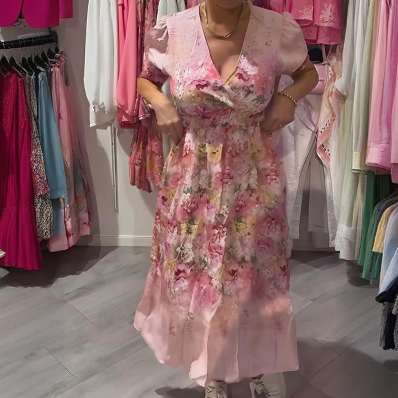Naisten elegantti pitkä kukkakuosinen V-pääntiemekko