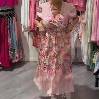 Naisten elegantti pitkä kukkakuosinen V-pääntiemekko