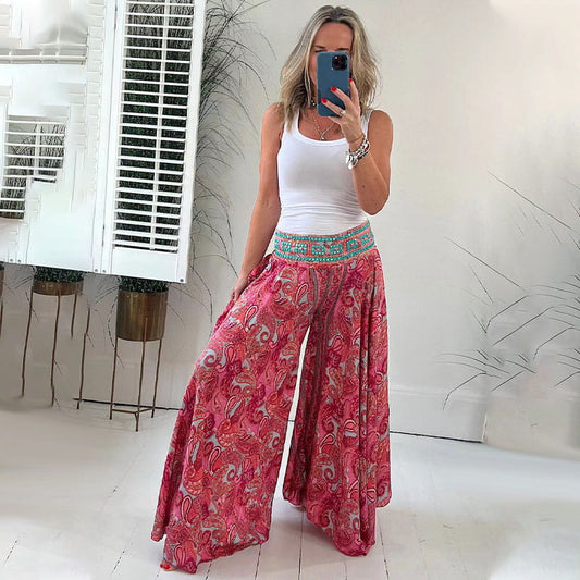 Ethnic Paisley Print Elastinen Patchwork-Waist kevyet housut