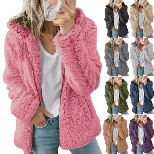Naisten avoin edestä huppullinen fleece-takki, taskuilla