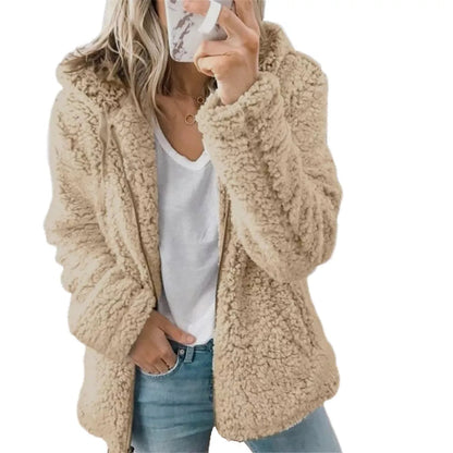 Naisten avoin edestä huppullinen fleece-takki, taskuilla