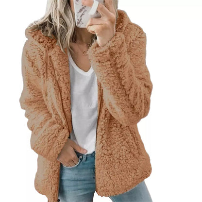 Naisten avoin edestä huppullinen fleece-takki, taskuilla