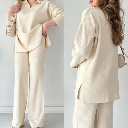 Rento V-aukollinen Halkiollinen Neulottu Kaksiosainen Setti - Vaivaton Eleganssi Jokaiseen Tilaisuuteen