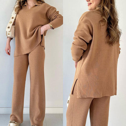 Rento V-aukollinen Halkiollinen Neulottu Kaksiosainen Setti - Vaivaton Eleganssi Jokaiseen Tilaisuuteen