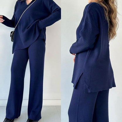 Rento V-aukollinen Halkiollinen Neulottu Kaksiosainen Setti - Vaivaton Eleganssi Jokaiseen Tilaisuuteen