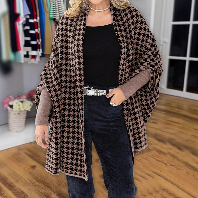 Avoin etupuoli Houndstooth-poncho naisille