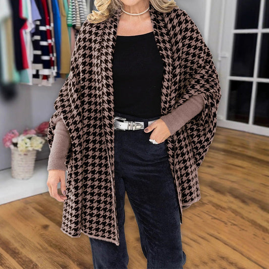 Avoin etupuoli Houndstooth-poncho naisille