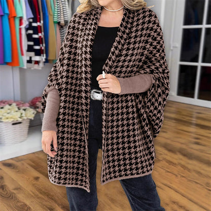 Avoin etupuoli Houndstooth-poncho naisille